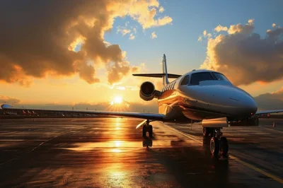 Private Jet Parked On Tarmac At Sunset