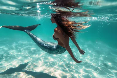 Mermaid Swimming Underwater In Clear Tropical Ocean Water