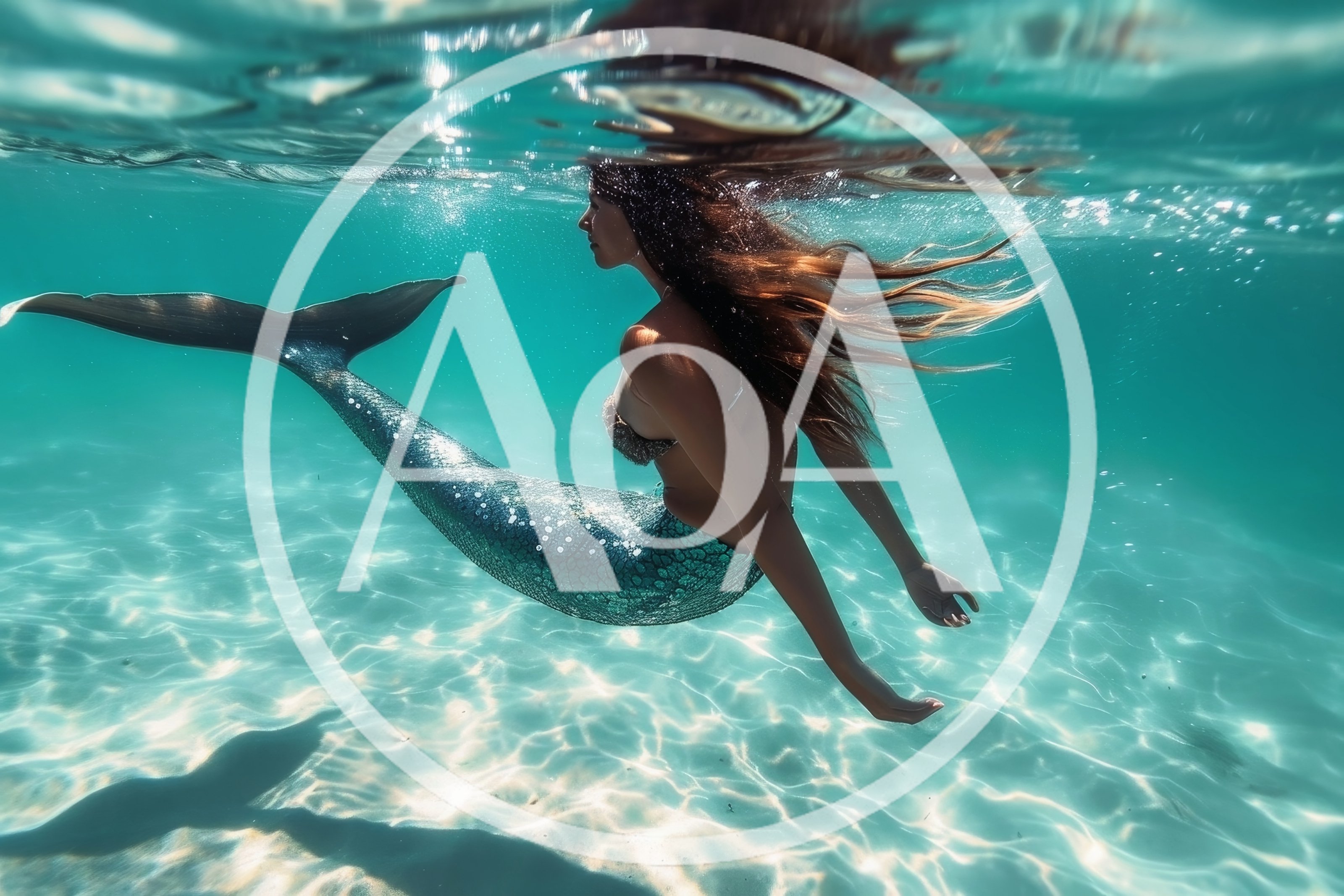Mermaid Swimming Underwater In Clear Tropical Ocean Water