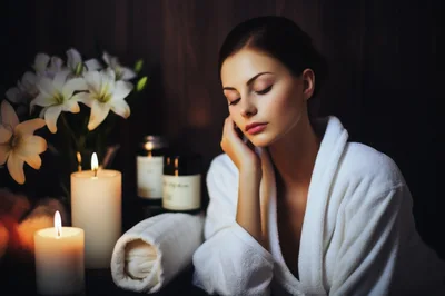 Relaxed Woman In White Bathrobe At Spa