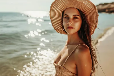 Young Woman Wearing Straw Hat On Sunny Beach