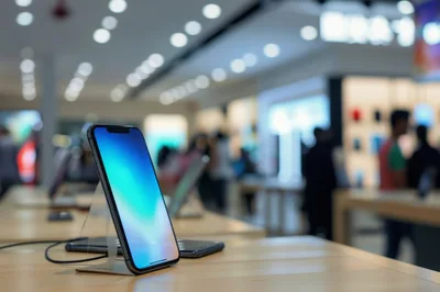 Smartphone Displayed on Stand in Modern Electronics Store