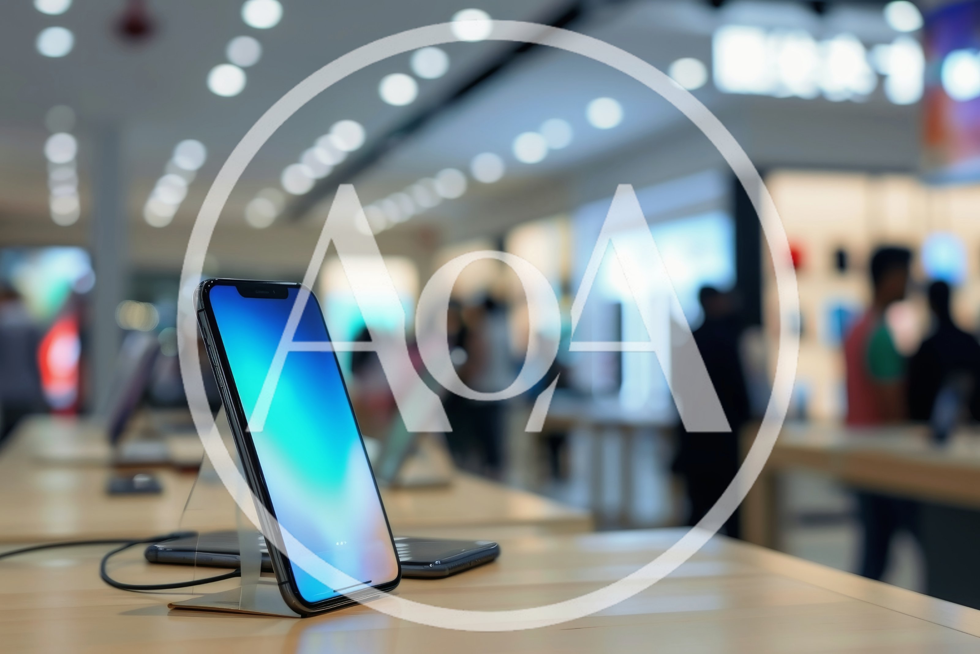 Smartphone Displayed on Stand in Modern Electronics Store