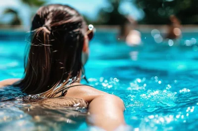Woman Relaxing In A Sunny Swimming Pool