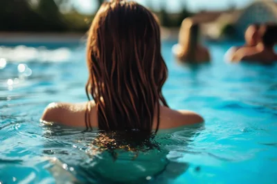 Woman With Long Hair Relaxing In A Swimming Pool
