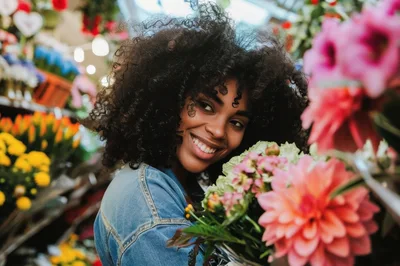 Smiling Young Woman Holding Flowers In A Flower Shop
