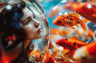 Young Woman Looking Through Glass Into Aquarium With Goldfish