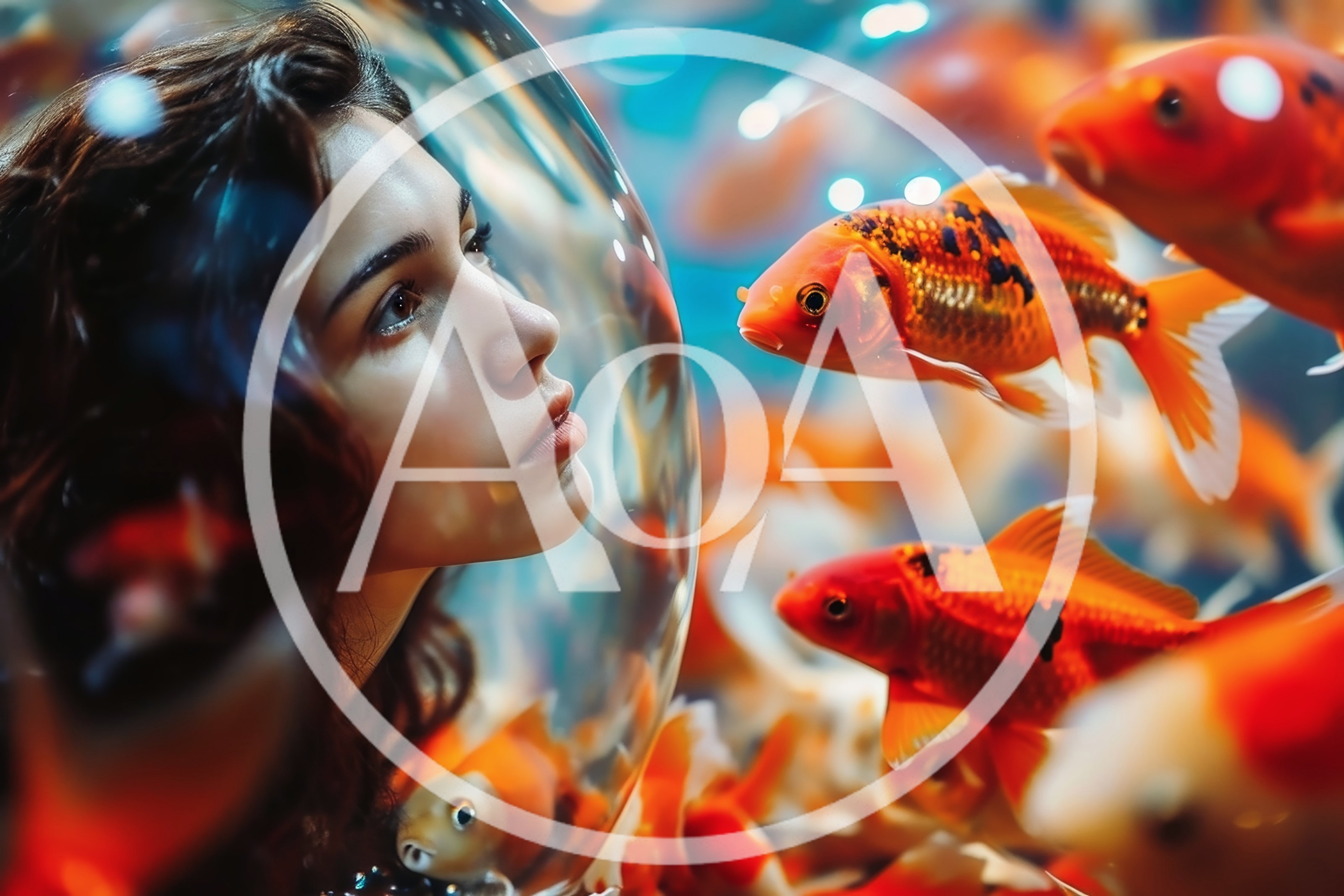 Young Woman Looking Through Glass Into Aquarium With Goldfish