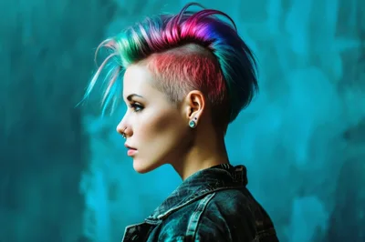 Profile Portrait Of A Woman With Rainbow Mohawk Hairstyle
