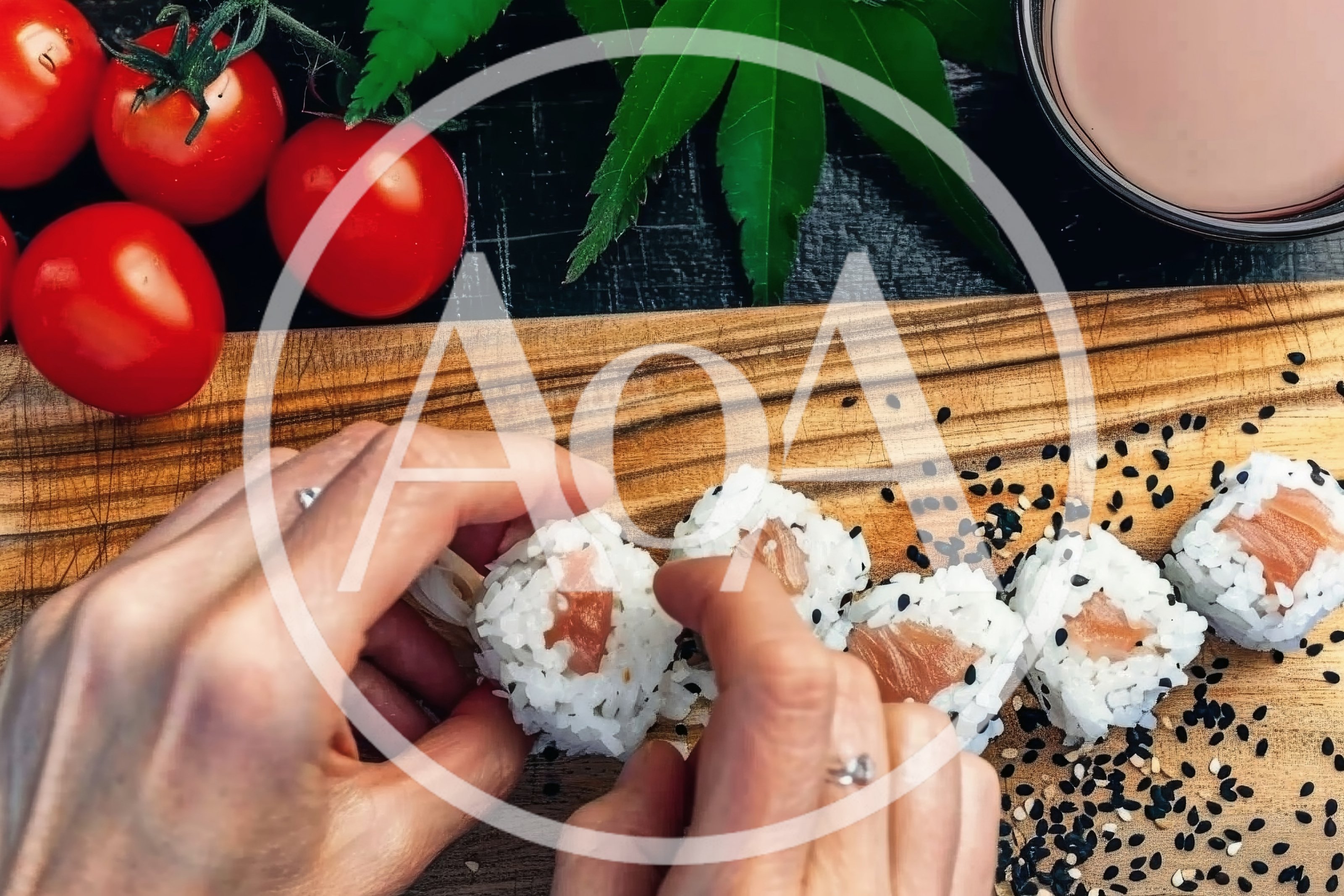 Hands Arranging Fresh Salmon Sushi Rolls On Wooden Board