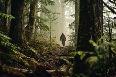 Bigfoot Walking Through A Misty Pacific Northwest Forest