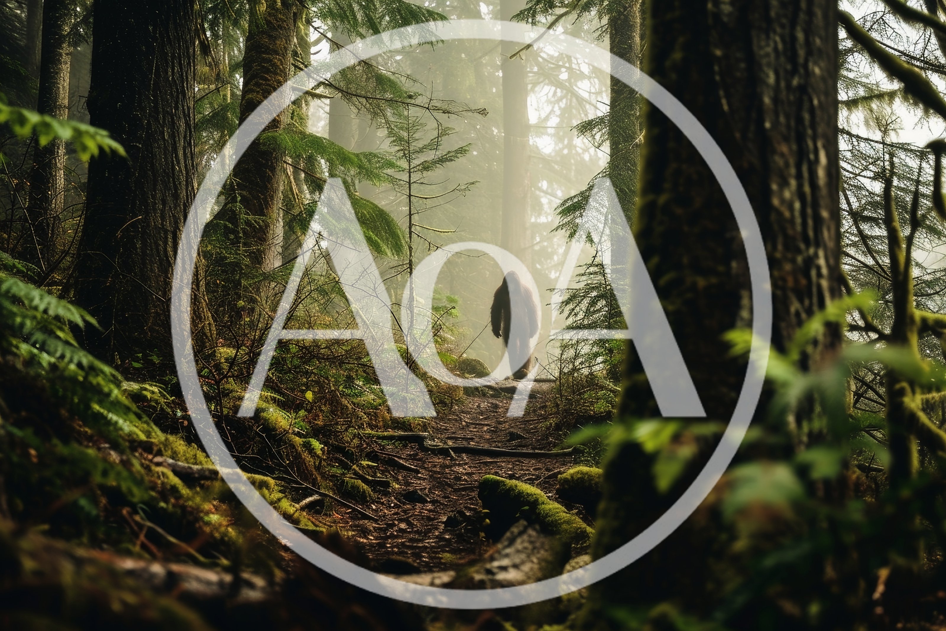 Bigfoot Walking Through A Misty Pacific Northwest Forest
