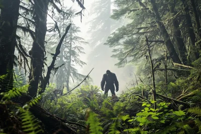 Bigfoot Standing In A Misty Pacific Northwest Forest