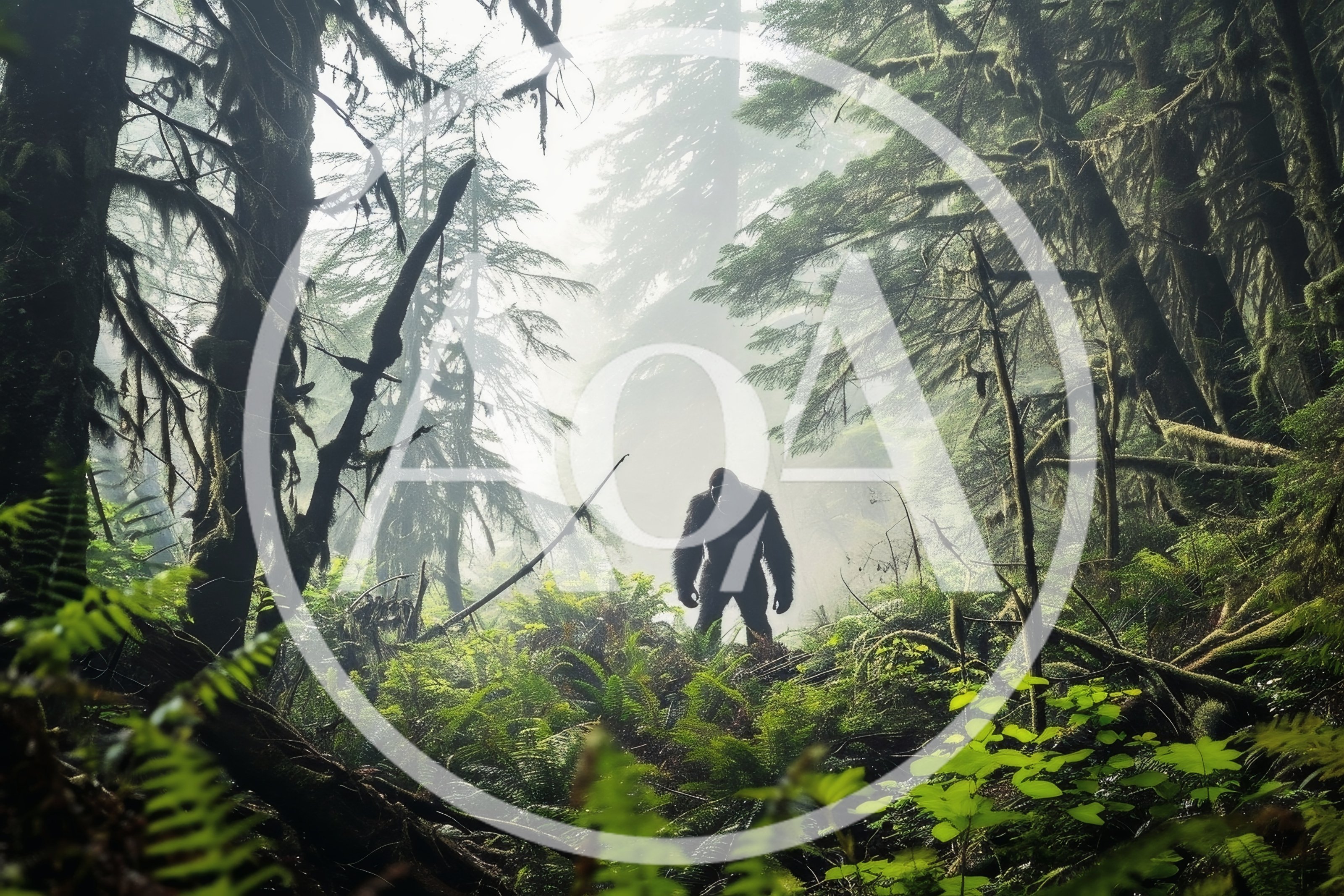 Bigfoot Standing In A Misty Pacific Northwest Forest