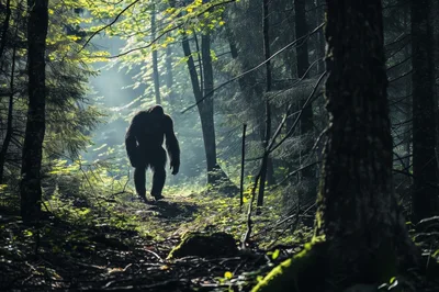 Bigfoot Walking Through A Misty Pine Forest
