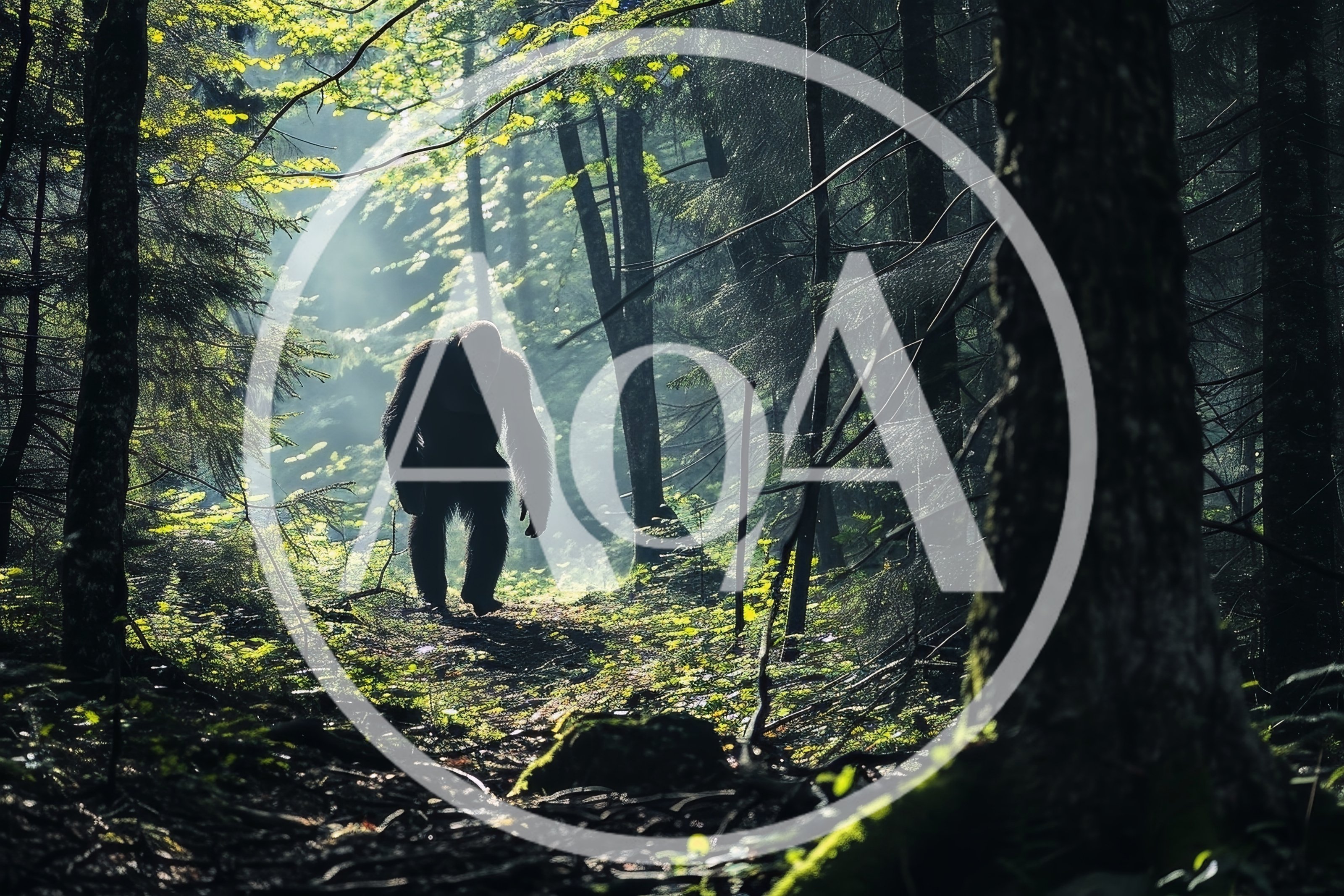 Bigfoot Walking Through A Misty Pine Forest