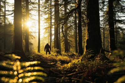 Bigfoot Silhouette Standing In A Sunlit Forest