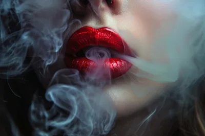 Close Up Of Woman With Red Lips Exhaling Smoke