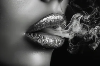 Close Up Of Woman With Metallic Lips Exhaling Smoke