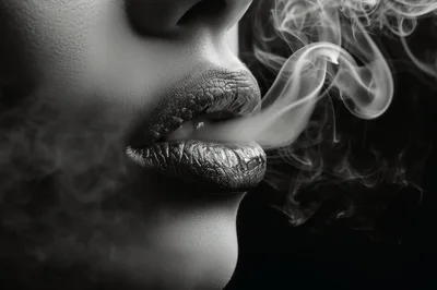 Close Up Of Woman Exhaling Smoke From Lips