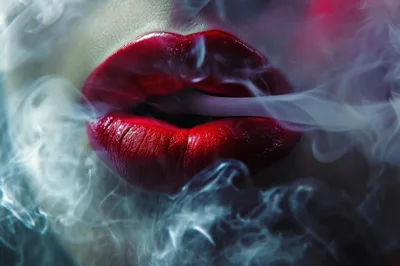 Close Up Of Woman With Red Lips Exhaling Smoke
