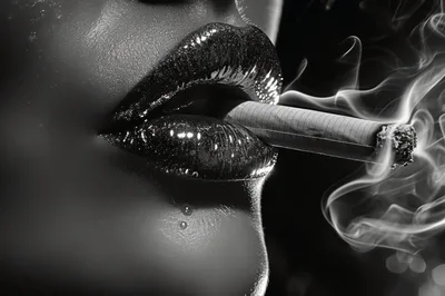 Close Up Of Woman With Glossy Lips Smoking Cigarette