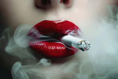 Close Up Of Woman With Red Lips Smoking Cigarette