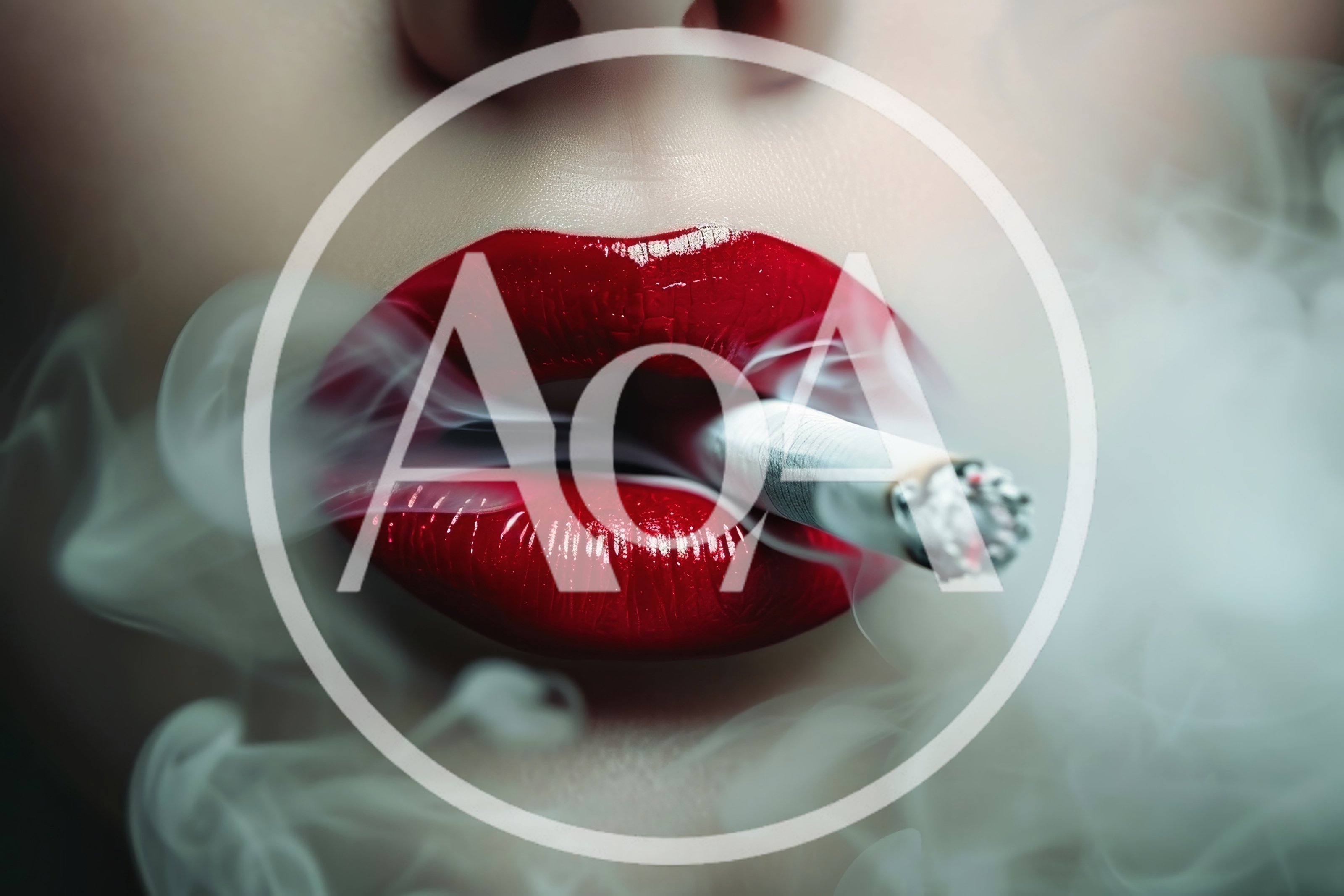 Close Up Of Woman With Red Lips Smoking Cigarette