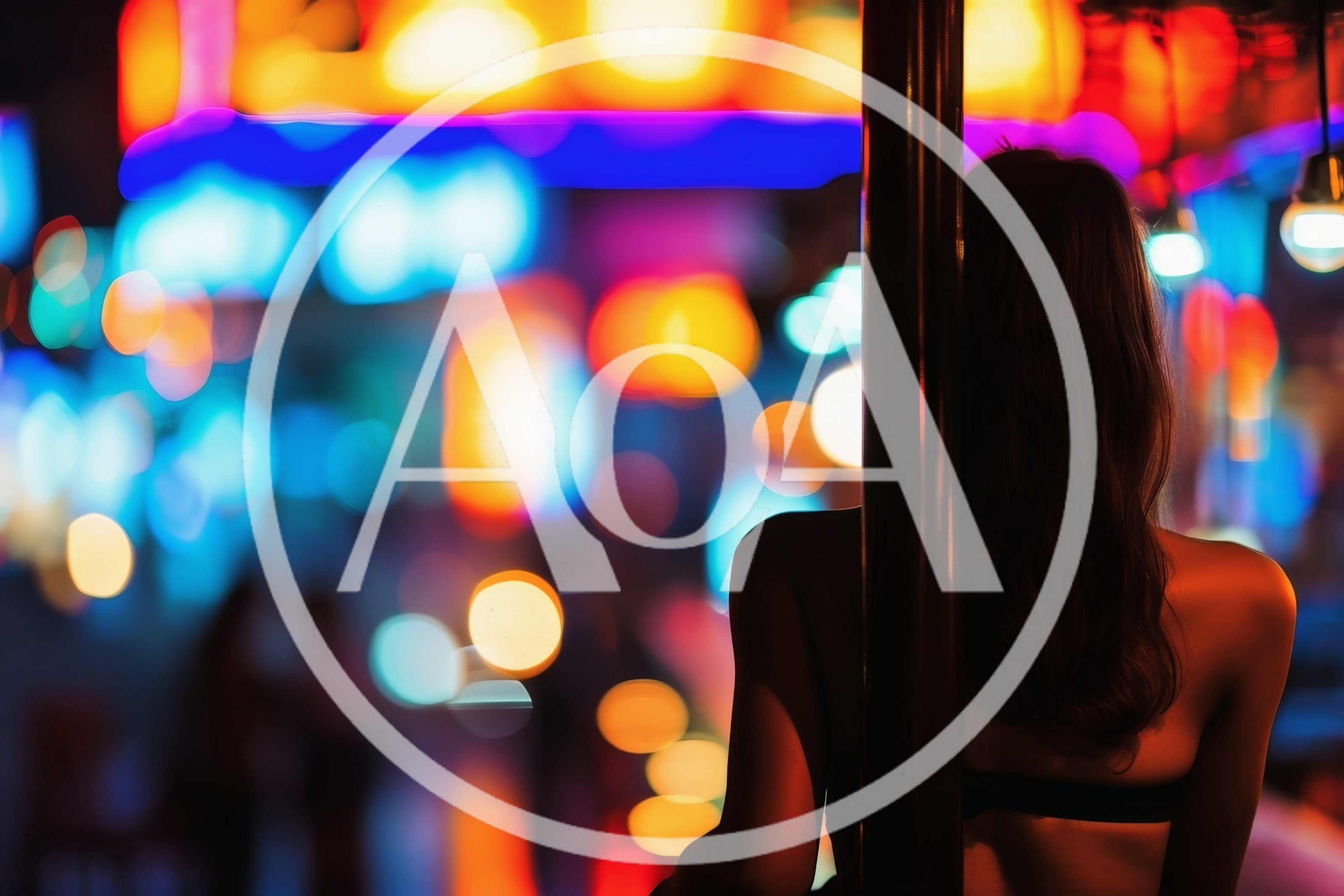 Woman Standing By Pole In Neon Nightclub