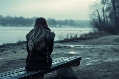 Woman Sitting Alone On A Bench By A Frozen Lake