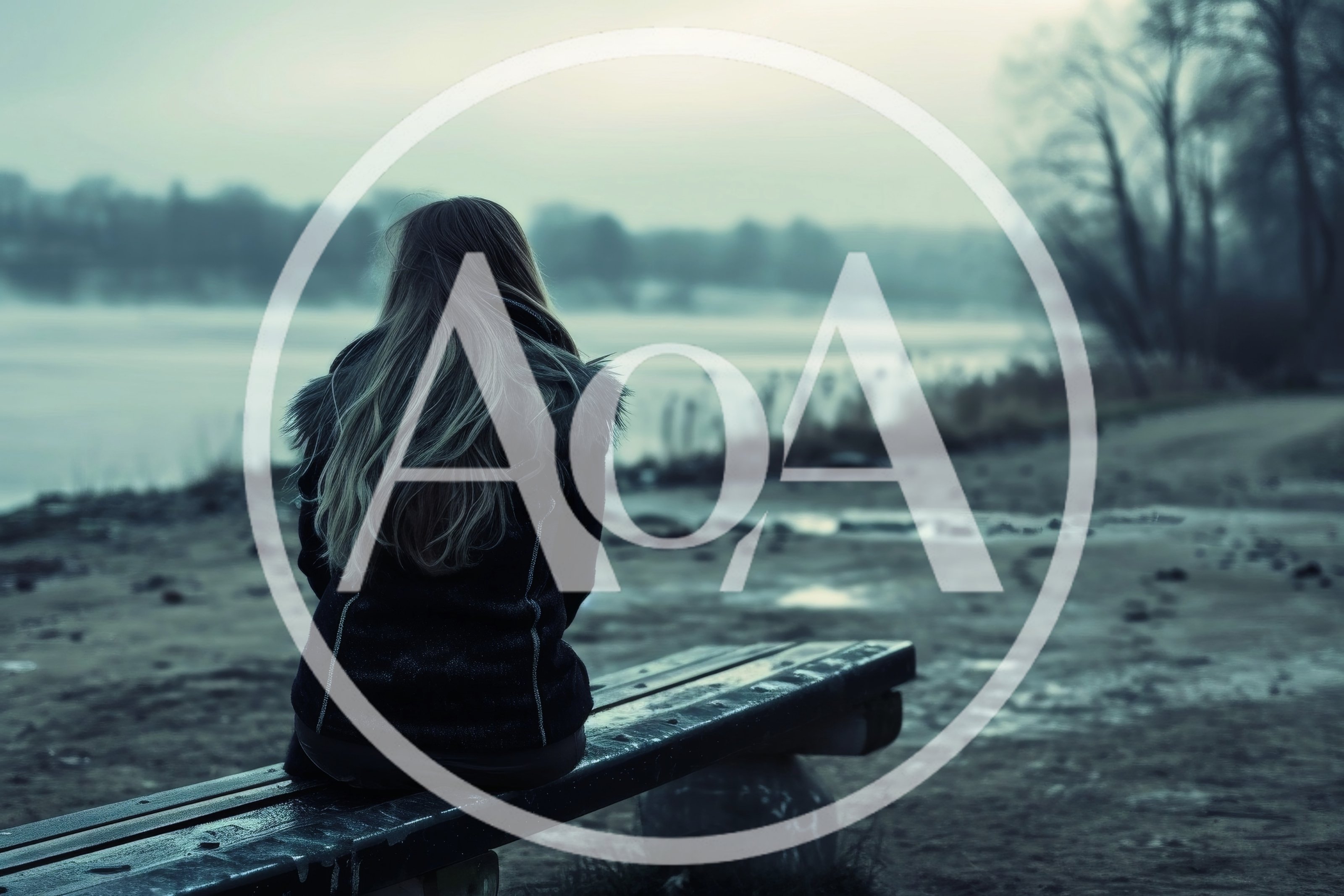 Woman Sitting Alone On A Bench By A Frozen Lake