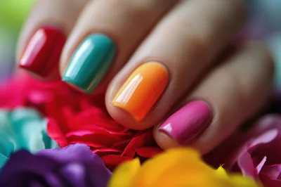 Close Up Of Hand With Multicolored Manicure