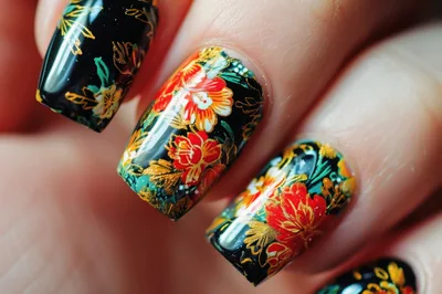 Close Up Of Intricate Floral Nail Art Design