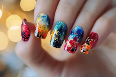 Close Up Of Artistic Multi Colored Abstract Nail Art