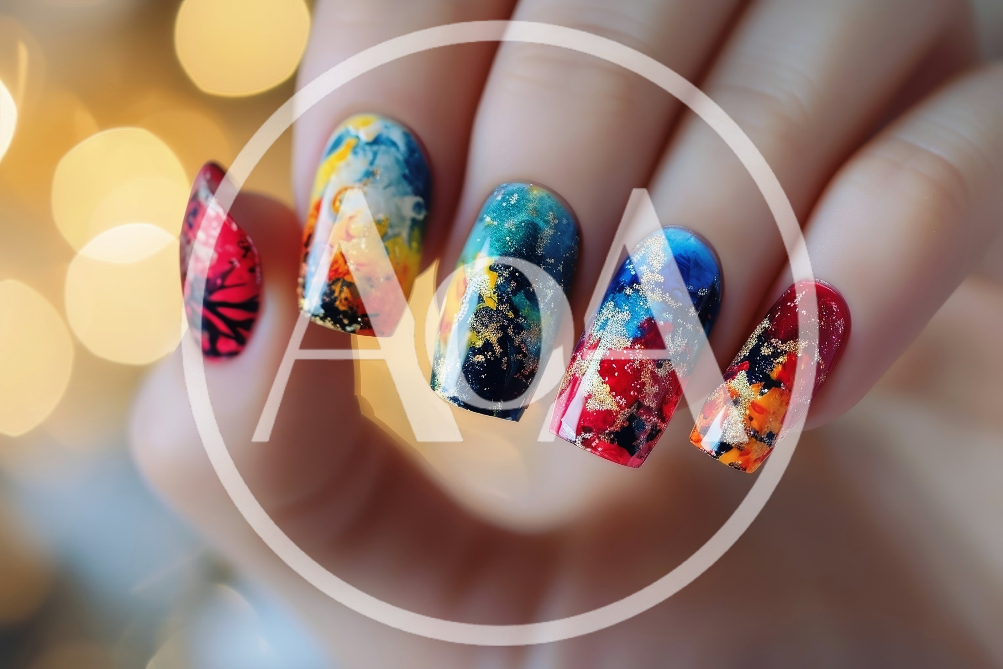 Close Up Of Artistic Multi Colored Abstract Nail Art
