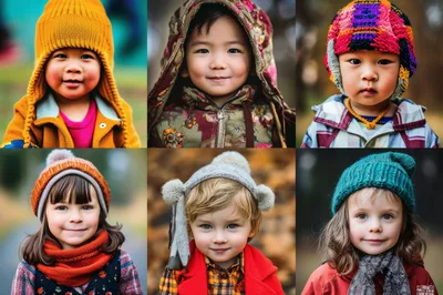 Collage Of Diverse Children Wearing Winter Hats And Scarves