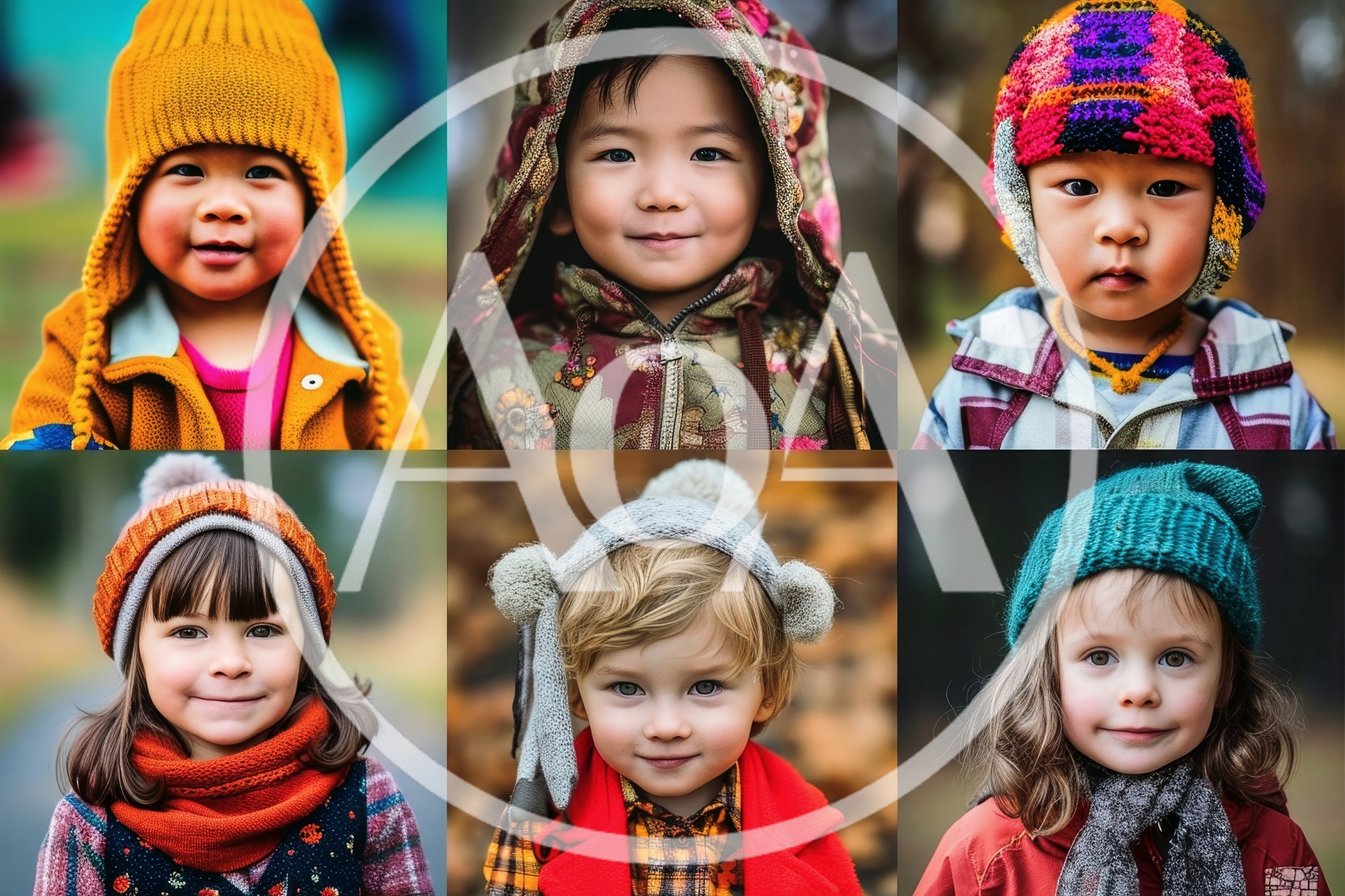 Collage Of Diverse Children Wearing Winter Hats And Scarves