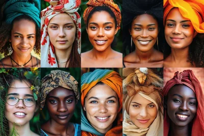 Diverse Women Wearing Traditional Headwraps And Cultural Attire