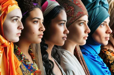 Diverse Women Wearing Traditional Headscarves In Profile
