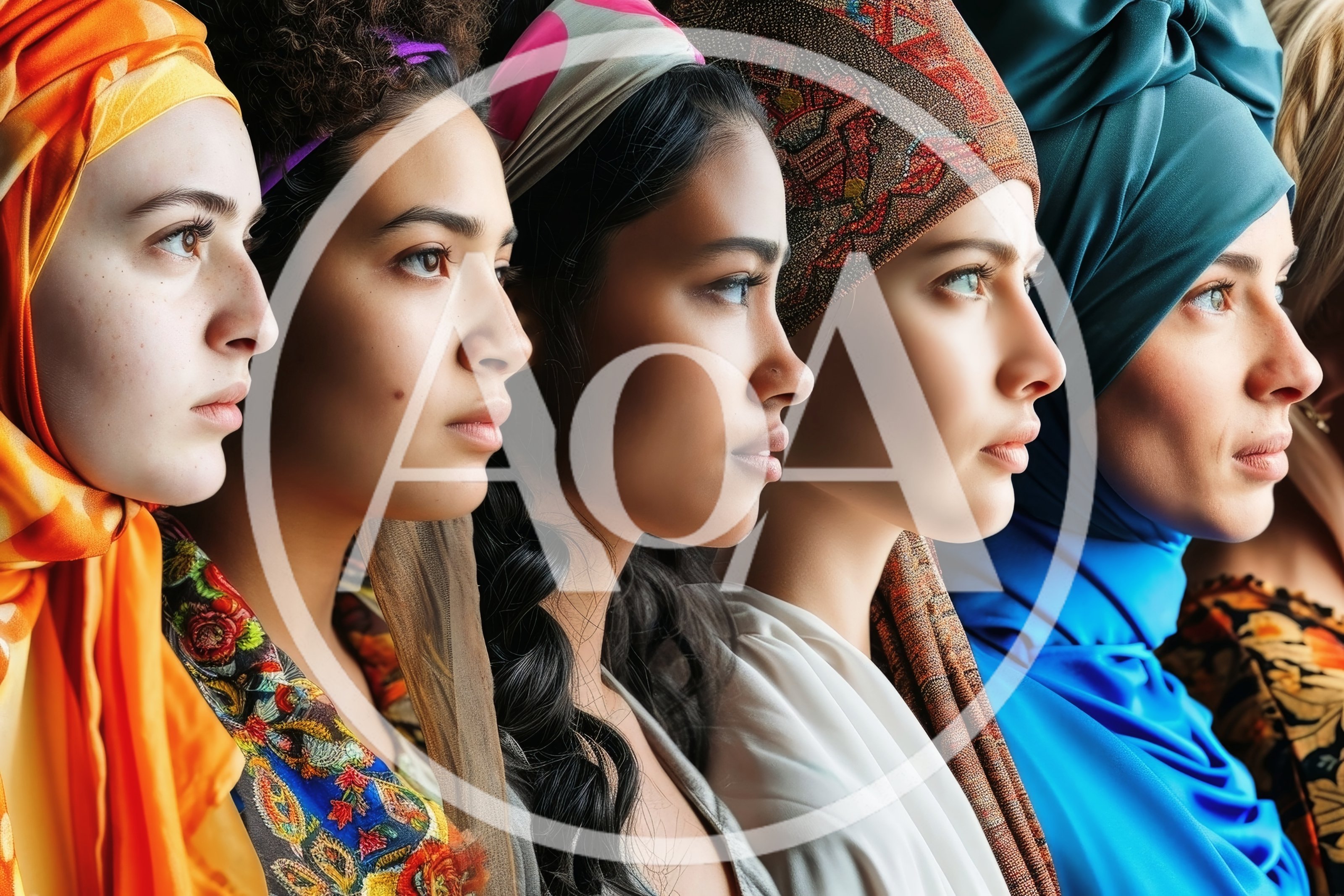 Diverse Women Wearing Traditional Headscarves In Profile