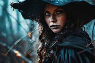 Portrait Of A Mysterious Witch In A Dark Forest