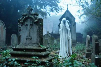 Ghostly Figure Standing In A Misty Victorian Cemetery