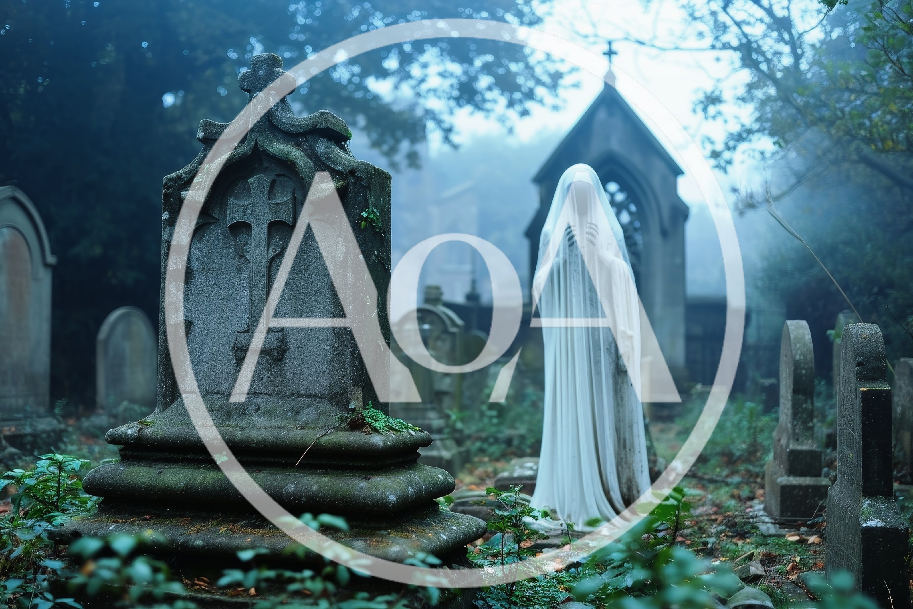Ghostly Figure Standing In A Misty Victorian Cemetery