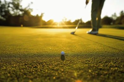 Golf Ball On Green With Golfer In Background