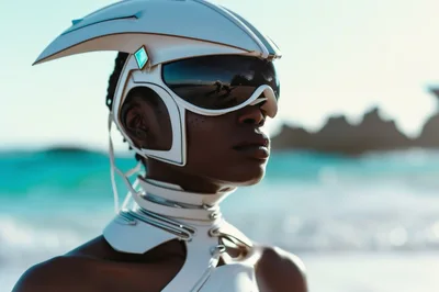 Futuristic Woman Wearing Avant Garde Helmet On Beach