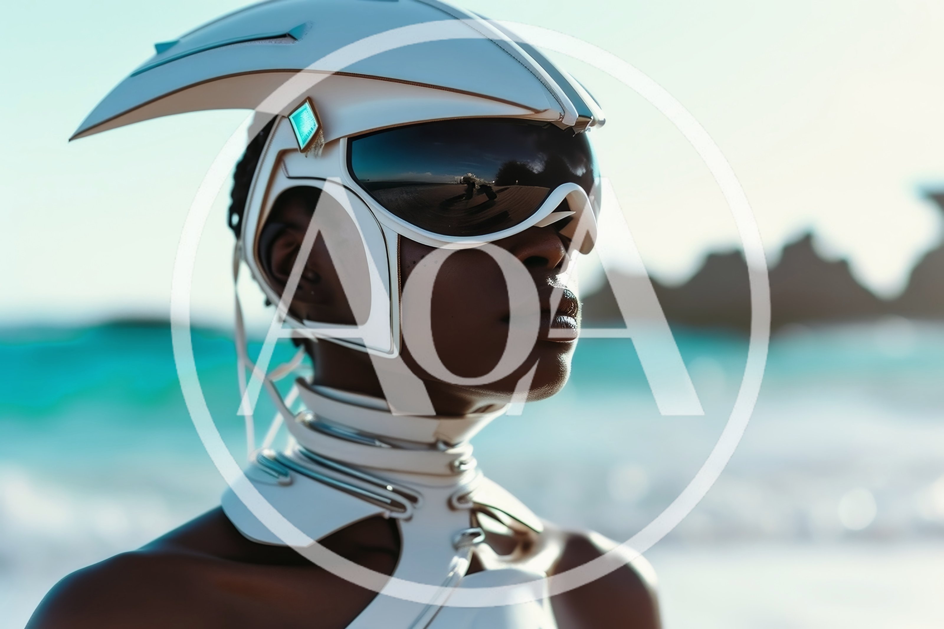 Futuristic Woman Wearing Avant Garde Helmet On Beach