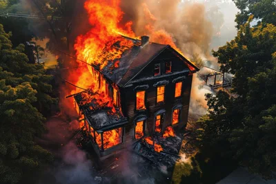 Aerial View Of A Residential House Engulfed In Flames