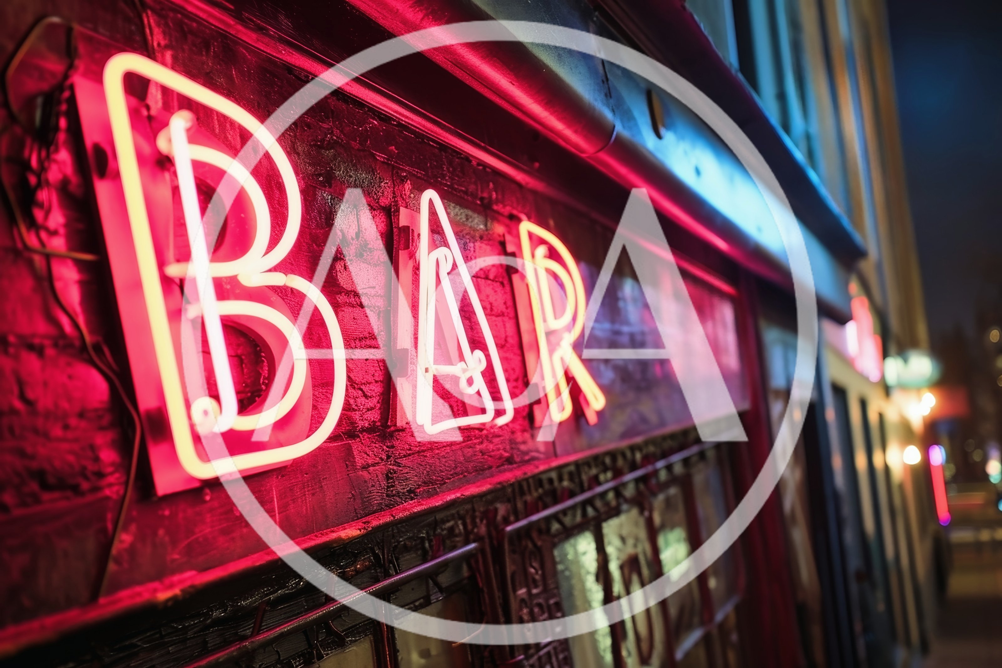 Neon Bar Sign Glowing On A Dark Brick Wall