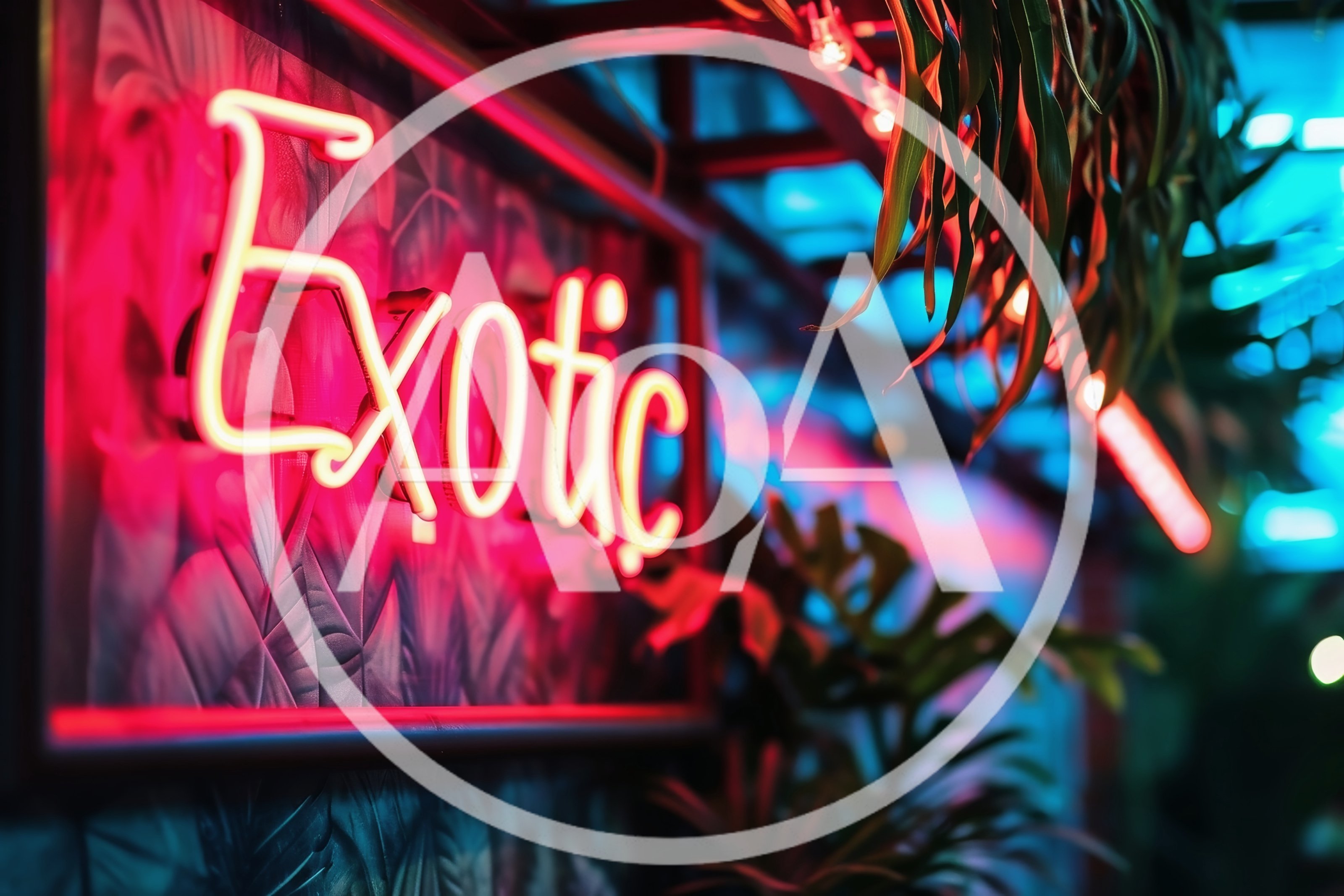 Neon Exotic Signage In Tropical Nightclub Setting