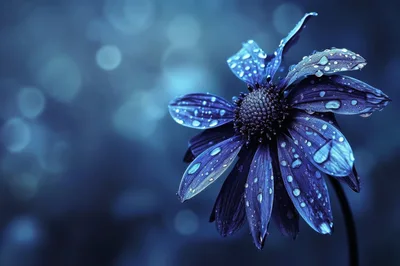 Blue Flower With Dew Drops On Petals